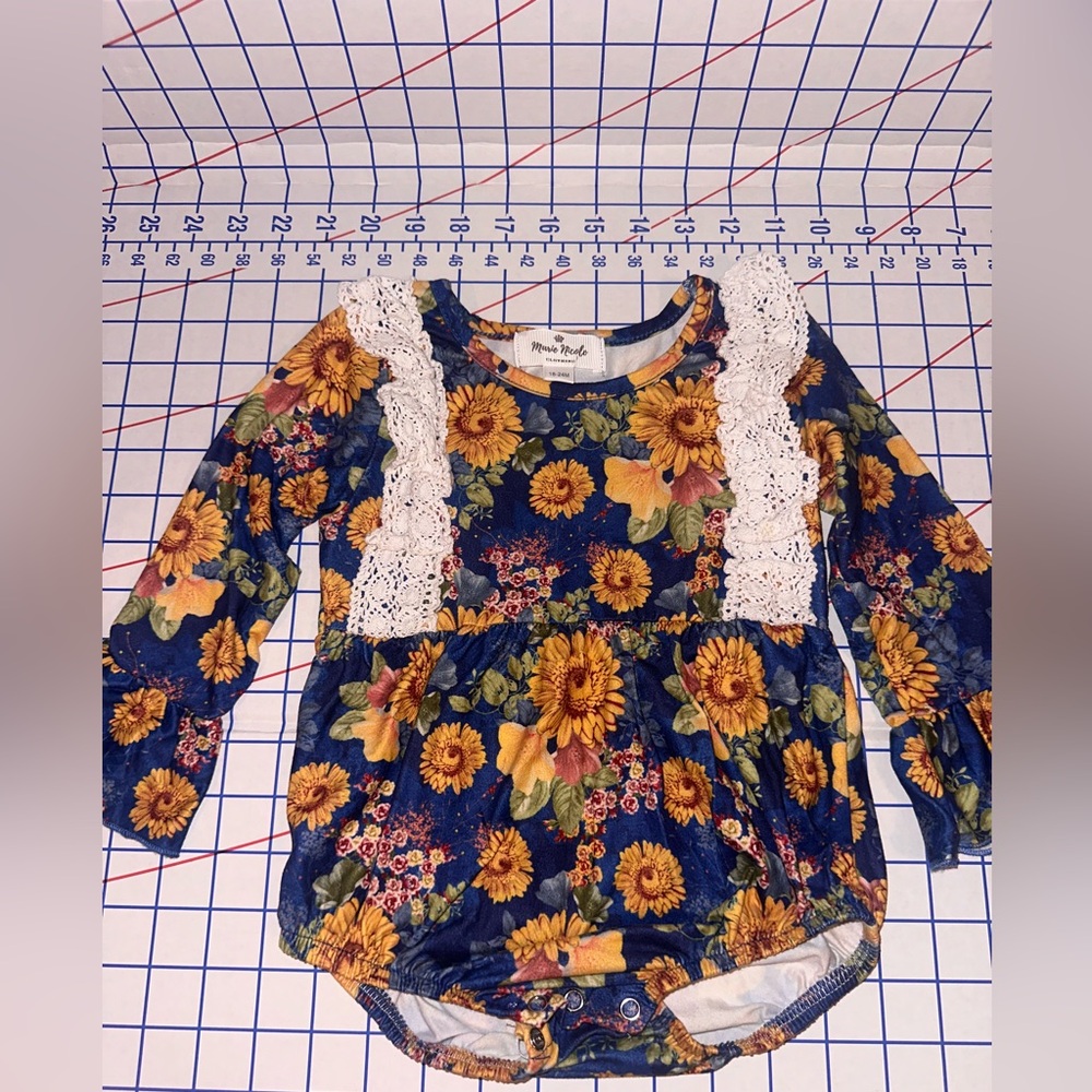 Marie Nicole Sunflower Lace Baby Romper - Navy & Yellow